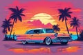 Retro car on the beach with palms at sunset vintage design