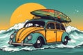 retro car, a Beetle car with a surf on the trunk, on the beach. Car travel concept, banner