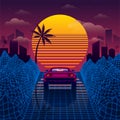 Retro car on the blue road among 3D mountains Synthwave or Retrowave style