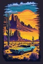 Retro car in the California desert with cacti in the background at sunset, flat sticker illustration