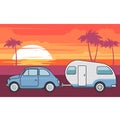 Retro car with camper trailer - summer vacation journey Royalty Free Stock Photo