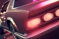 Retro car closeup view. 80s styled automobile in neon lights. Generated AI.