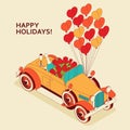 Retro Car Convertible With Big Bouquet Of Tulips, Champagne And Heart Balloons. Vintage Car From 30s In Yellow Color