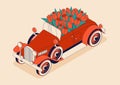 Retro car convertible with big bouquet of tulips. Vintage car from 30s in red color. Greeting card for women on a Royalty Free Stock Photo