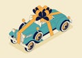 Retro car convertible with huge bow. Vintage car from 30s in blue color. Greeting card for a holiday like birthday Royalty Free Stock Photo