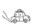 Retro car doodle road trip, Cartoon car with luggage blowing exhaust fumes