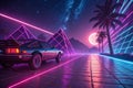 Retro car drives neon road, pyramids sunset Royalty Free Stock Photo