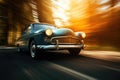 Retro car driving on country road with motion blur effect. Generative AI