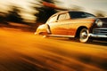 Retro car driving on country road with motion blur effect. Generative AI Royalty Free Stock Photo