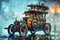 Retro car fantastic design in steampunk style with gold mechanical parts details. Generative Ai