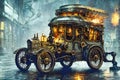 Retro car fantastic design in steampunk style with gold mechanical parts details. Generative Ai