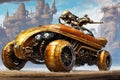 Retro car fantastic design in steampunk style with gold mechanical parts details. Generative Ai