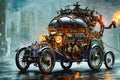 Retro car fantastic design in steampunk style with gold mechanical parts details. Generative Ai