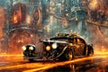 Retro car fantastic design in steampunk style, high speed with fire under wheels. Generative Ai Royalty Free Stock Photo