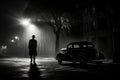 Retro car on a foggy street at night. Silhouette of a man in a raincoat and hat standing near an old car, 1940\'s film noir Royalty Free Stock Photo