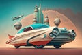 retro car, with futuristic building in the background and flying cars above