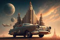 retro car, with futuristic building in the background and flying cars above