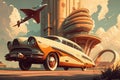 retro car, with futuristic building in the background and flying cars above