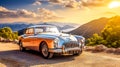 retro car limousine in the mountains at sunset