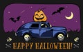 Retro Car Loaded For a Halloween. Moon and Bats Background. Vector EPS 10 Card