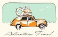 Retro Car Loaded For a Traveling. Waves And Gulls Background. Vector Illustration