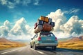 Retro car with luggage on the roof. Car on the road with a lot of suitcases on roof. Family travel on vacation. Royalty Free Stock Photo