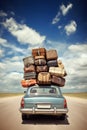 Retro car with luggage on the roof. Car on the road with a lot of suitcases on roof. Family travel on vacation Royalty Free Stock Photo