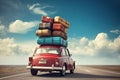 Retro car with luggage on the roof. Car on the road with a lot of suitcases on roof. Royalty Free Stock Photo