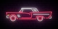 Retro car neon sign. Red and white vintage car glowing sign.