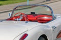 Retro Chevrolet parked on street of a city. Close-up of details of a vintage car Royalty Free Stock Photo