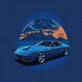 Retro car poster with silhouette of forest and sun in the background Royalty Free Stock Photo