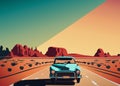 Retro car on the road in the desert. Vector illustration Royalty Free Stock Photo