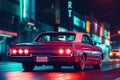 Retro car on the road at night. 3D rendering. (Ai generated) Royalty Free Stock Photo