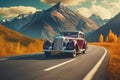 Retro car road trip to the mountains photo realistic illustration - Generative AI.