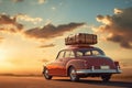 Retro car with a roof rack full of luggage on a backdrop of endless road ahead. Planning summer vacation