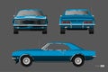 Retro car of 1960s. Blue american vintage automobile in realistic style. Front, side and back view. 3d classic auto Royalty Free Stock Photo