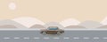 Retro car from 80s traveling on road vector illustration. Summer auto trip concept in soft colors. Vintage brown