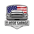 Retro car service sign. Vector illustration with the image of an old classic car, design logos, posters, banners, signage.