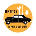 Retro car servise sign. Repair and car wash. Logo design concept with classic car. Royalty Free Stock Photo