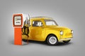 Retro car standing at the gas station car refueling illustration on grey gradient background 3d