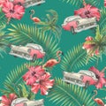 Retro car with tropical palm leaves, red hibiscus flowers and pink flamingo. Watercolor illustration. Seamless pattern Royalty Free Stock Photo