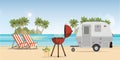 Retro caravan on the beach and picnic with outdoor barbecue