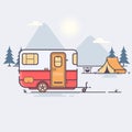 Retro caravan on the forest Travel Vector illustration