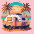 Retro caravan in the ocean with a sunset palm, vintage style flat sticker t-shirt illustration. Generative Ai