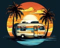 Retro caravan in the ocean with a sunset palm vintage style flat sticker t-shirt