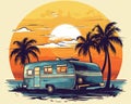 Retro caravan in the ocean with a sunset palm vintage style flat sticker t-shirt