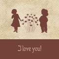 Retro card with silhouette of two cute babies on the grunge paper background Royalty Free Stock Photo