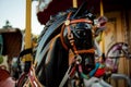 Retro carousel white, black horse. Old wooden horse carousel. Royalty Free Stock Photo
