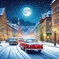 Retro cars in the old town in snowy weather for