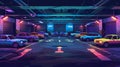 Retro cars parked on a multilevel parking garage at night. Modern cartoon illustration of a dark basement at night, with Royalty Free Stock Photo